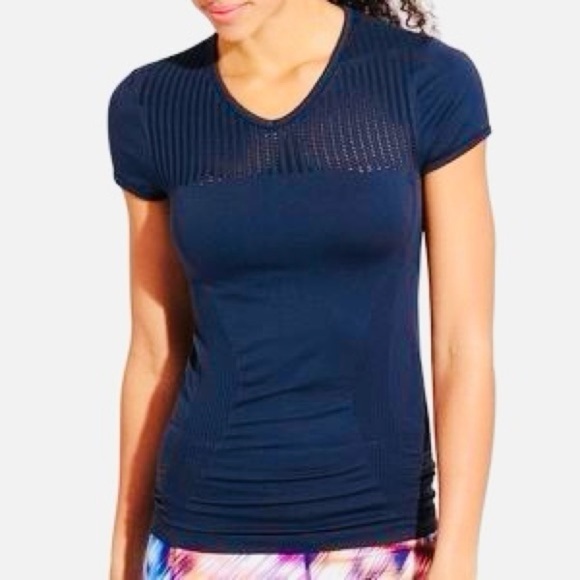 Athleta Tops - Athleta Trophy Tee Diamond Mesh Navy Blue Short Sleeve Size XS